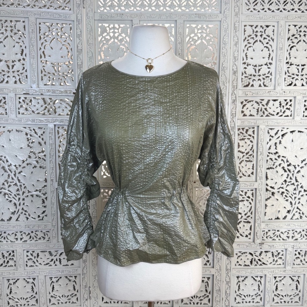 Akris Punto Green Metallic Drawstring Blouse Womens 2 XS Glam Fairy Luxury